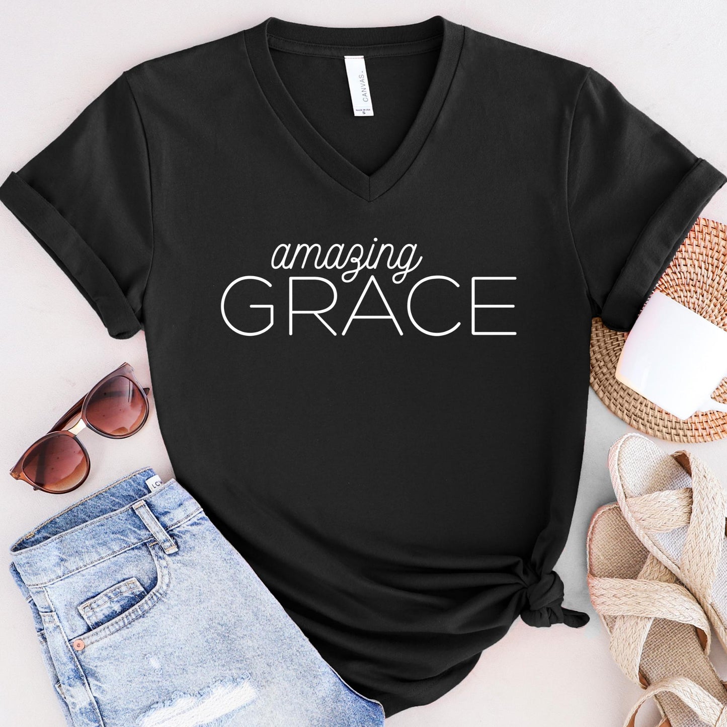 Amazing Grace V-neck T-shirt White Design